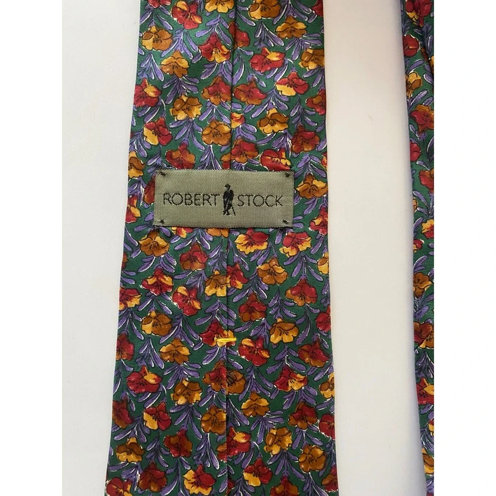 Robert Stock Mens Silk Necktie Green Floral Botanical Print Made in USA 57x3.75